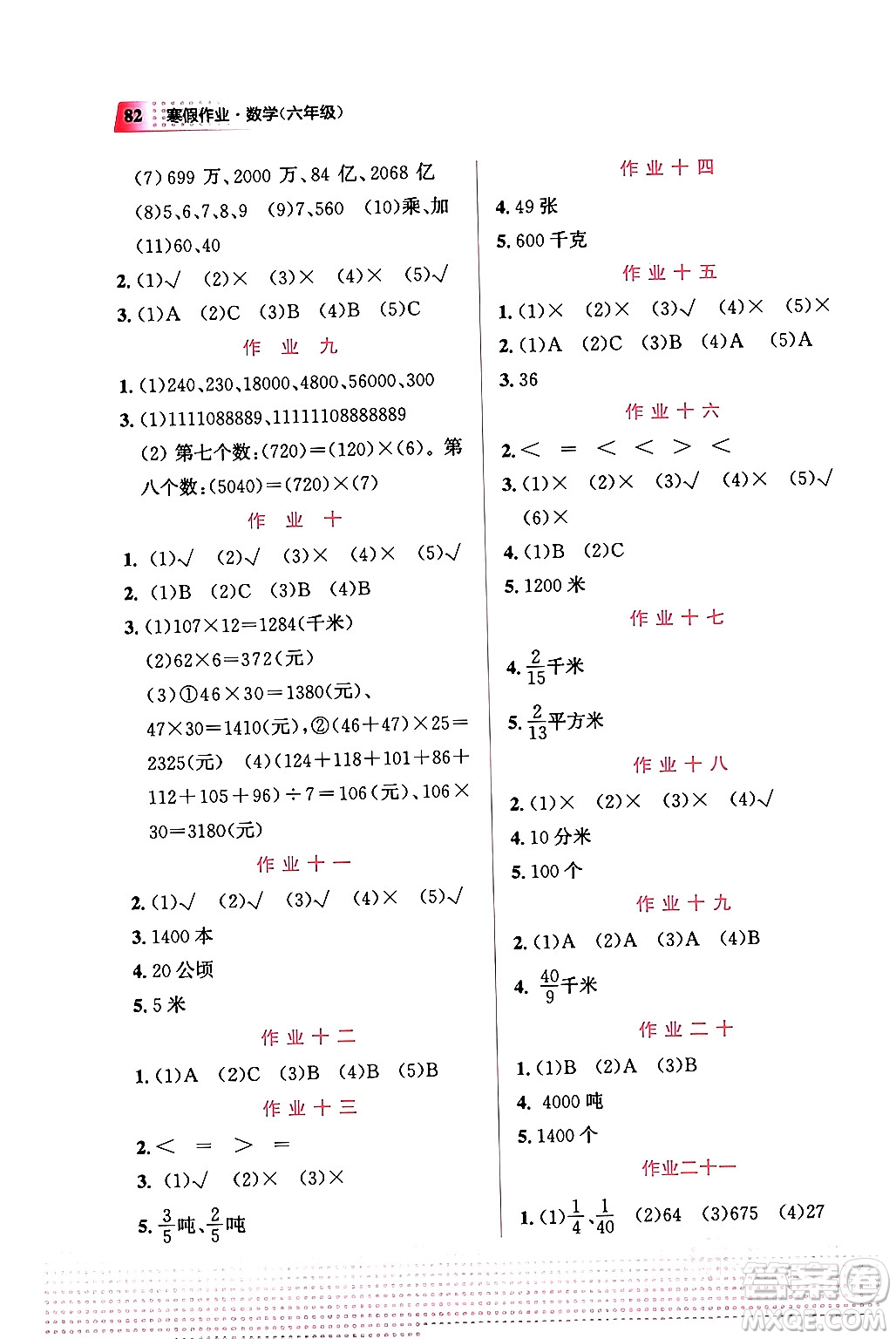 教育科學(xué)出版社2024寒假作業(yè)六年級(jí)數(shù)學(xué)通用版答案