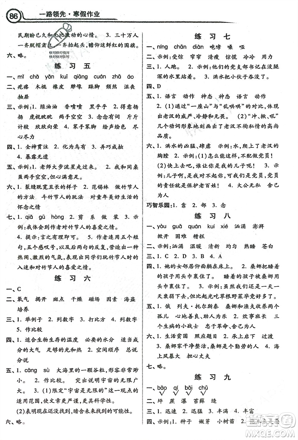 河北美術(shù)出版社2024一路領(lǐng)先寒假作業(yè)六年級(jí)語文通用版參考答案