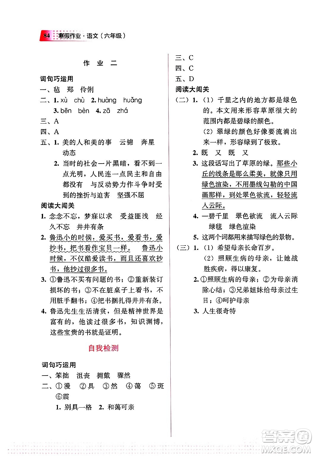 教育科學(xué)出版社2024寒假作業(yè)六年級(jí)語(yǔ)文通用版答案