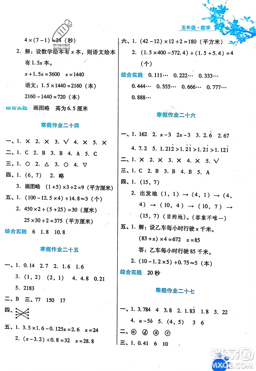 河北人民出版社2024寒假生活五年級(jí)數(shù)學(xué)通用版參考答案