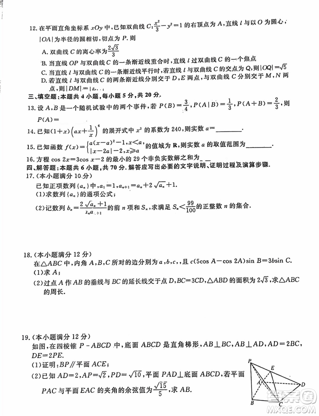 福建百校聯(lián)考2024屆高三下學(xué)期正月開學(xué)考試數(shù)學(xué)試題答案