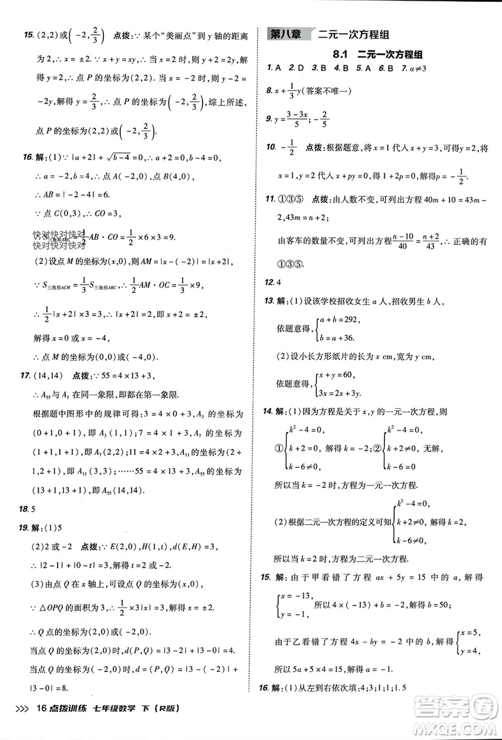 吉林教育出版社2024年春榮德基點(diǎn)撥訓(xùn)練七年級數(shù)學(xué)下冊人教版參考答案