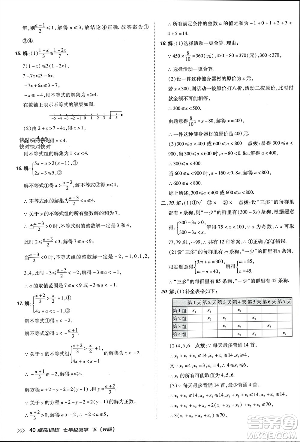 吉林教育出版社2024年春榮德基點(diǎn)撥訓(xùn)練七年級數(shù)學(xué)下冊人教版參考答案