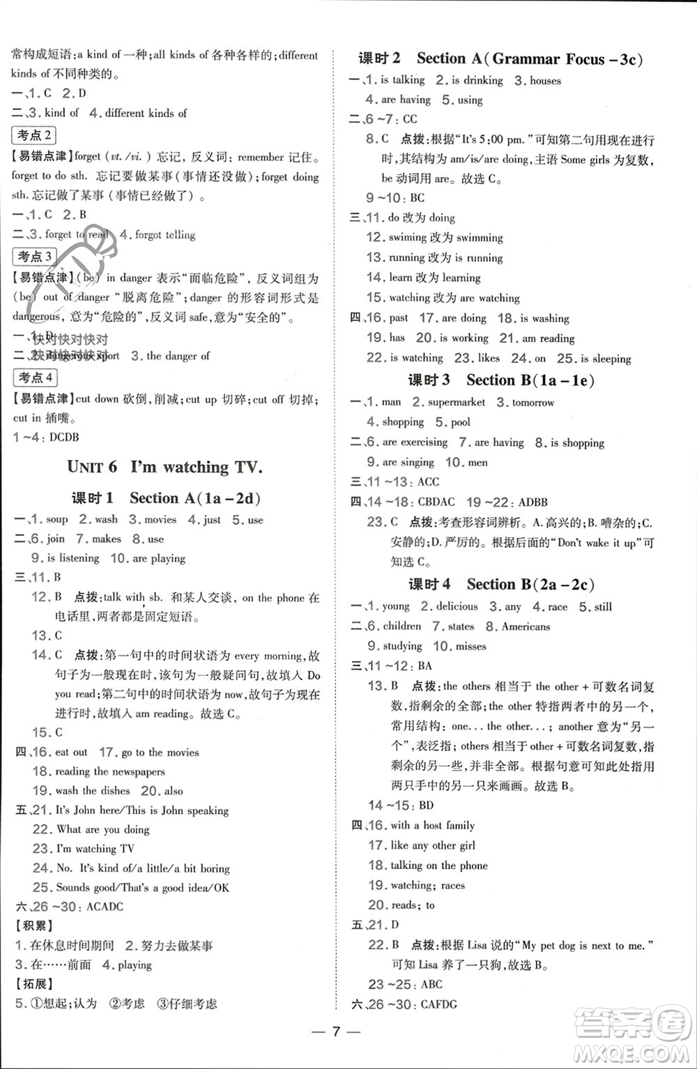 吉林教育出版社2024年春榮德基點撥訓(xùn)練七年級英語下冊人教版參考答案