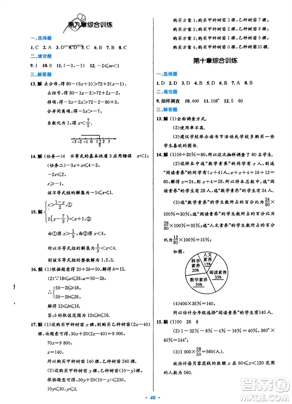 人民教育出版社2024年春初中同步測(cè)控優(yōu)化設(shè)計(jì)七年級(jí)數(shù)學(xué)下冊(cè)人教版福建專版參考答案