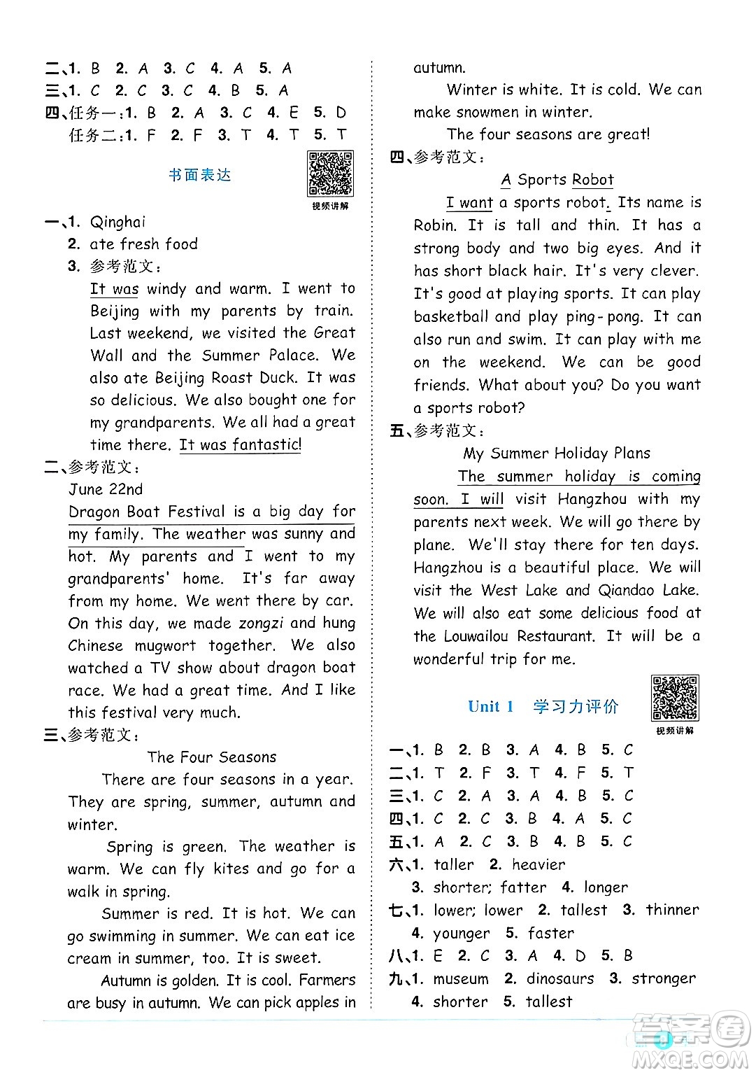 江西教育出版社2024年春陽(yáng)光同學(xué)課時(shí)優(yōu)化作業(yè)六年級(jí)英語(yǔ)下冊(cè)人教版答案