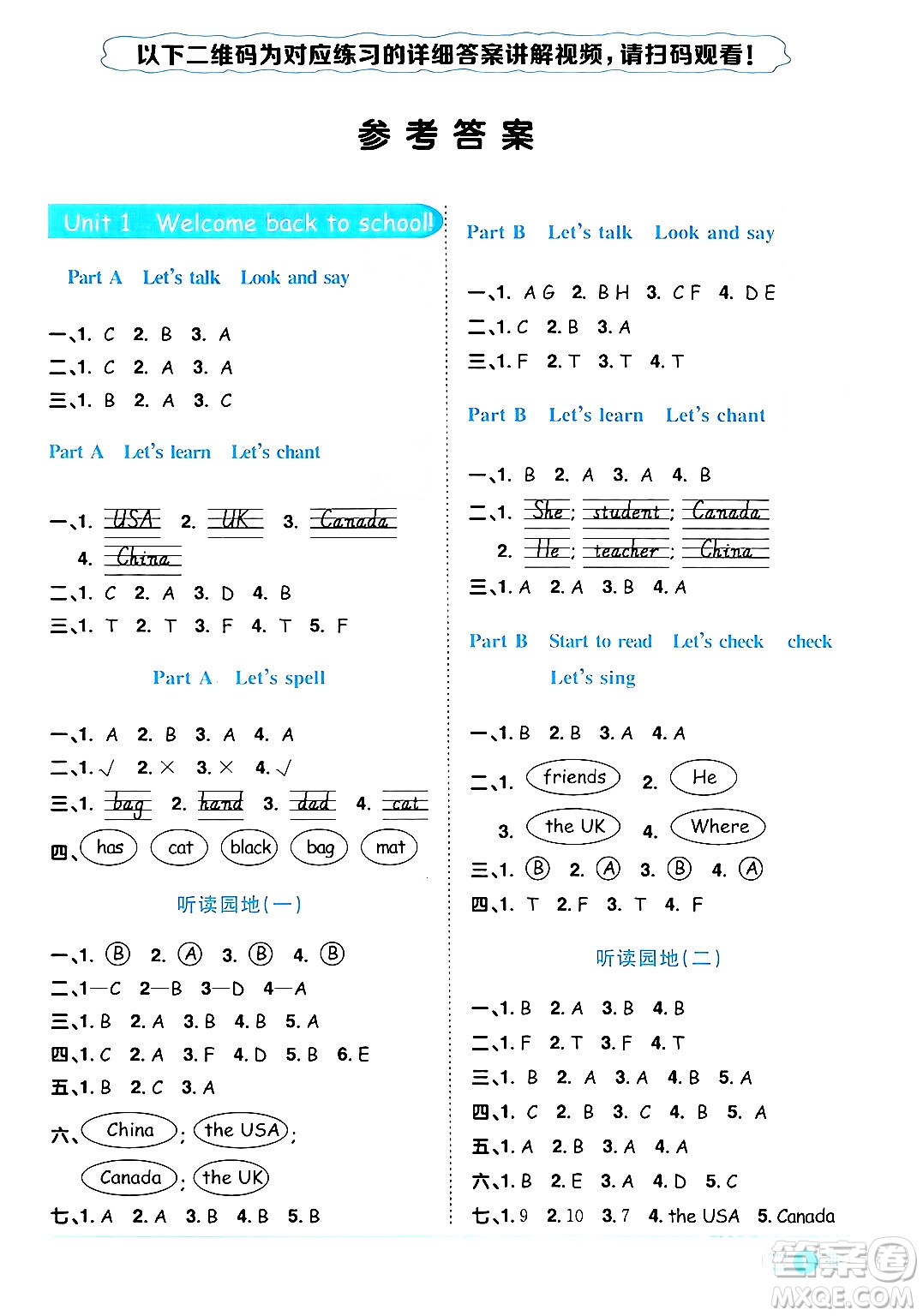 江西教育出版社2024年春陽光同學(xué)課時優(yōu)化作業(yè)三年級英語下冊人教版答案