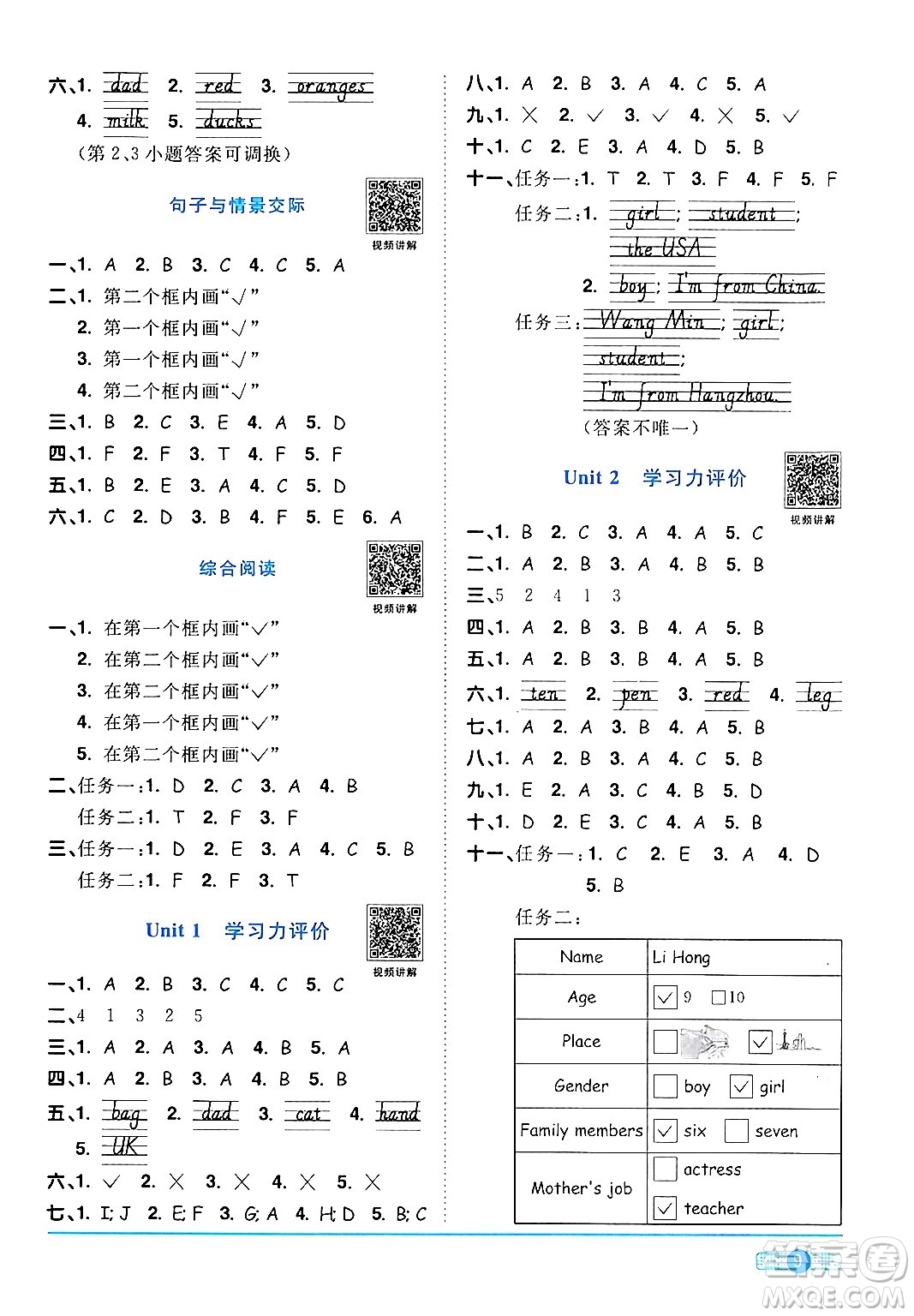 江西教育出版社2024年春陽光同學(xué)課時優(yōu)化作業(yè)三年級英語下冊人教版答案