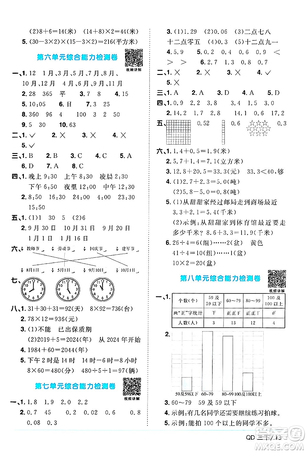 江西教育出版社2024年春陽光同學(xué)課時(shí)優(yōu)化作業(yè)三年級(jí)數(shù)學(xué)下冊(cè)青島版山東專版答案