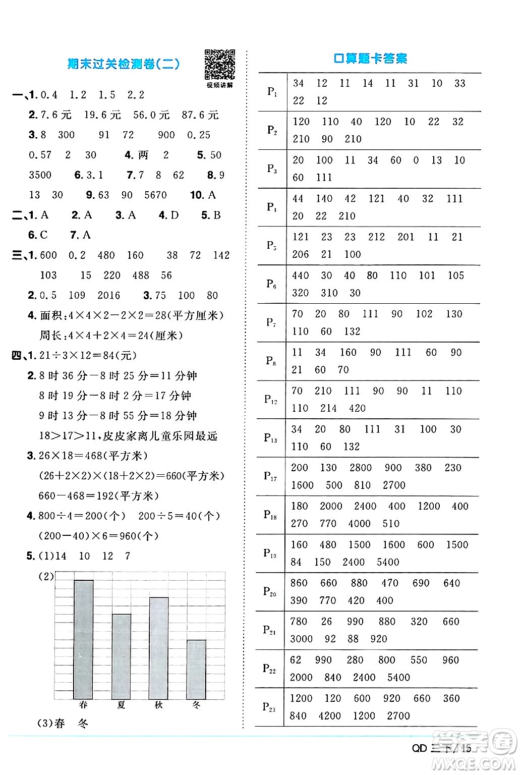 江西教育出版社2024年春陽光同學(xué)課時(shí)優(yōu)化作業(yè)三年級(jí)數(shù)學(xué)下冊(cè)青島版山東專版答案