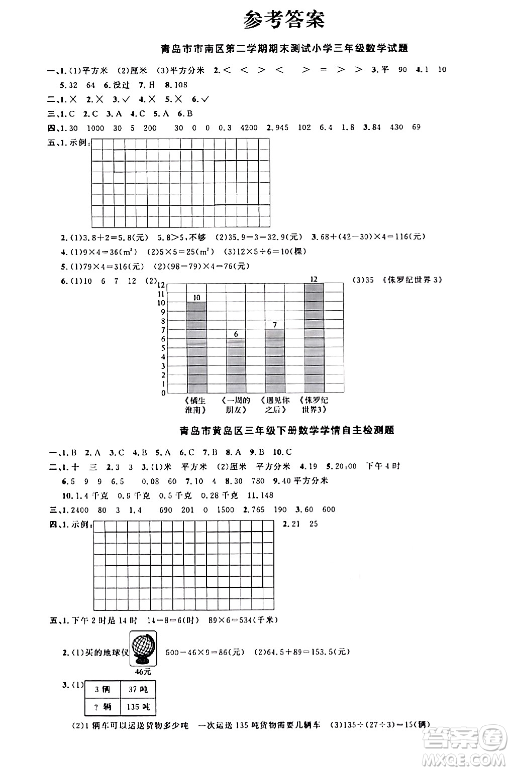 江西教育出版社2024年春陽光同學(xué)課時(shí)優(yōu)化作業(yè)三年級(jí)數(shù)學(xué)下冊(cè)青島版山東專版答案