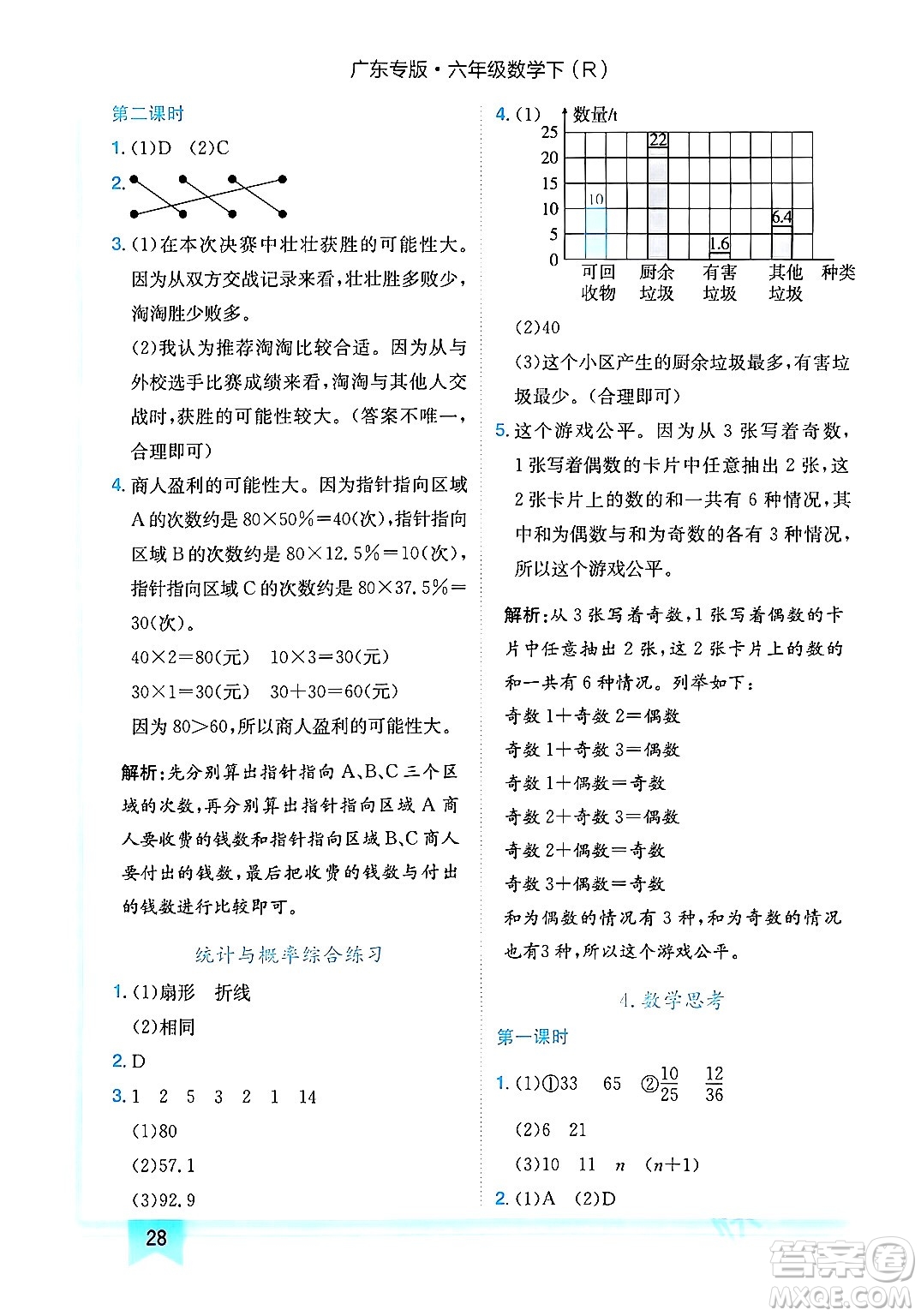 龍門書局2024年春黃岡小狀元作業(yè)本六年級(jí)數(shù)學(xué)下冊(cè)人教版廣東專版答案