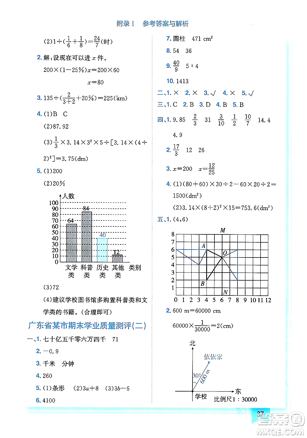 龍門書局2024年春黃岡小狀元作業(yè)本六年級(jí)數(shù)學(xué)下冊(cè)人教版廣東專版答案