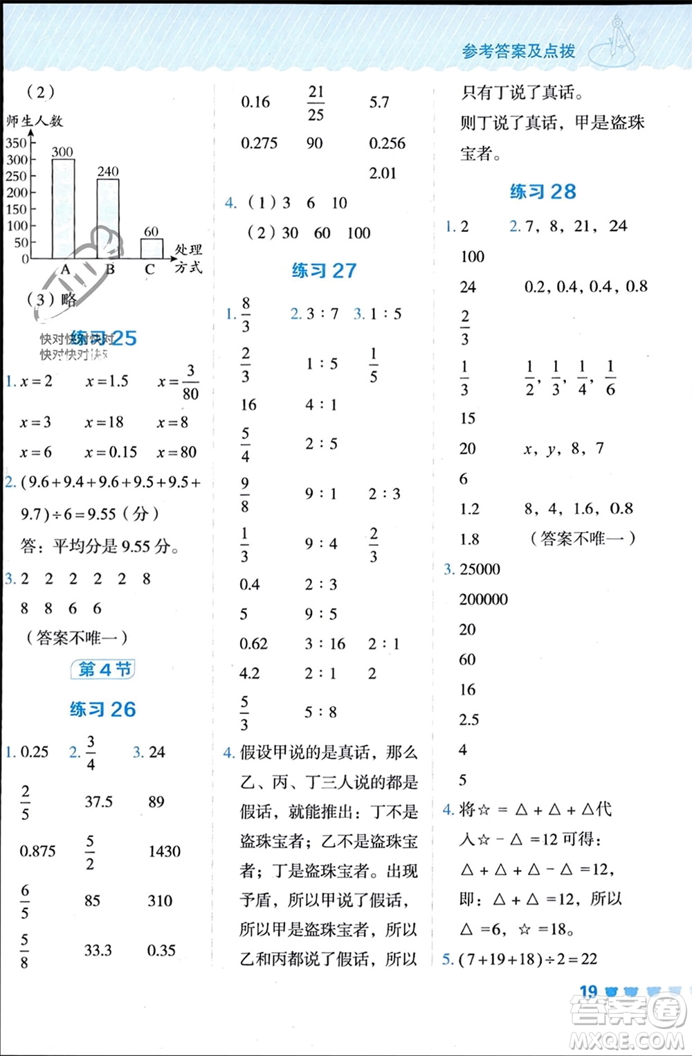 安徽教育出版社2024年春榮德基星級(jí)口算天天練六年級(jí)數(shù)學(xué)下冊(cè)人教版參考答案