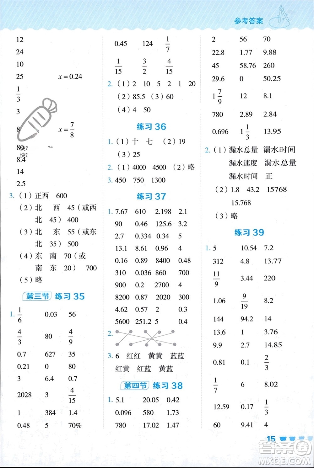 安徽教育出版社2024年春榮德基星級(jí)口算天天練六年級(jí)數(shù)學(xué)下冊(cè)冀教版參考答案