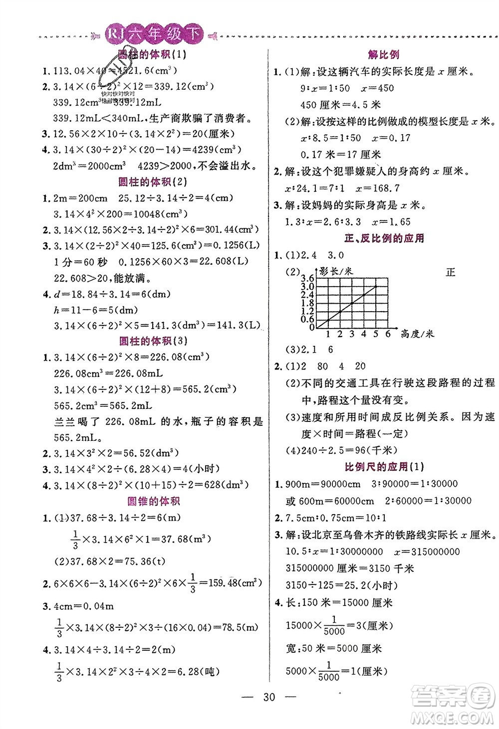 陽光出版社2024年春揚帆文化星級口算天天練六年級數(shù)學下冊人教版參考答案