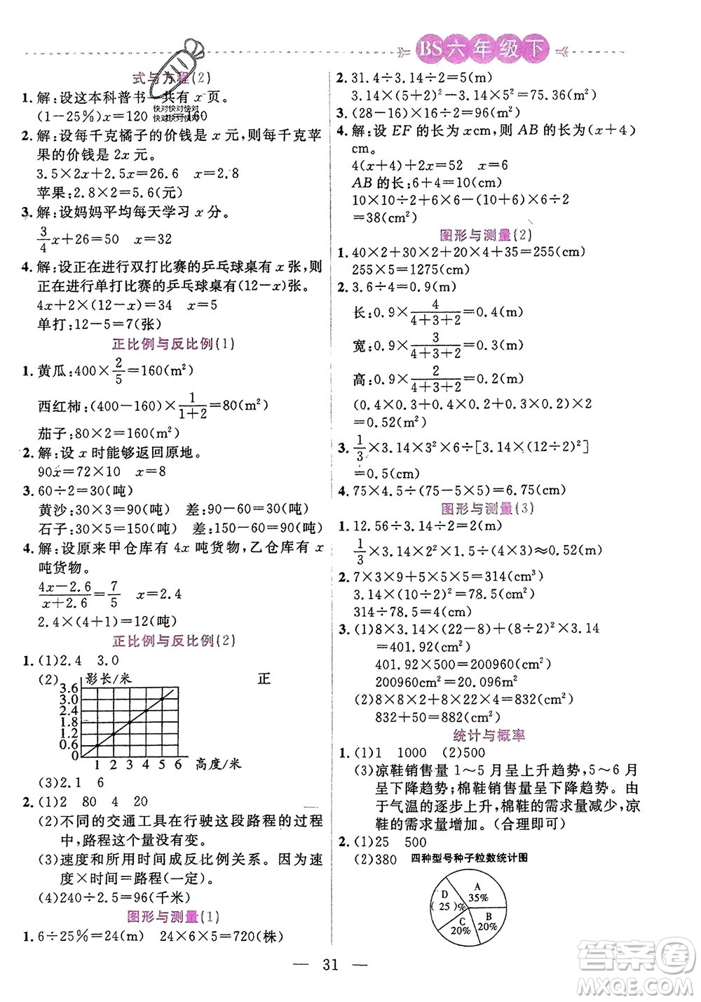 陽光出版社2024年春揚帆文化星級口算天天練六年級數學下冊北師大版參考答案