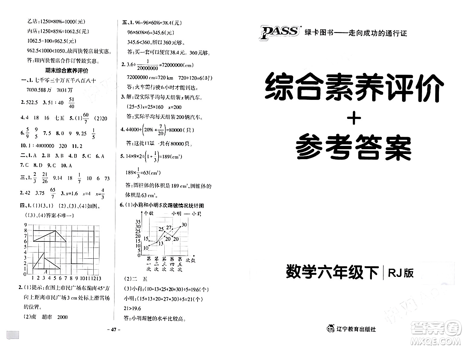 遼寧教育出版社2024年春PASS小學(xué)學(xué)霸作業(yè)本六年級(jí)數(shù)學(xué)下冊人教版答案