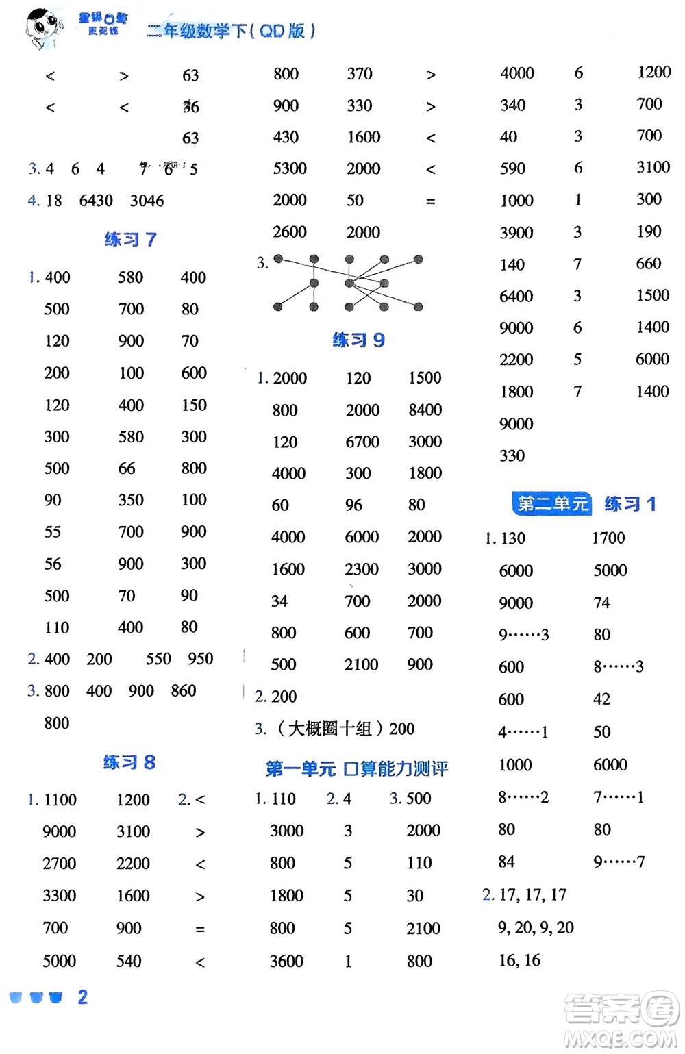 安徽教育出版社2024年春榮德基星級(jí)口算天天練二年級(jí)數(shù)學(xué)下冊(cè)五四學(xué)制青島版參考答案