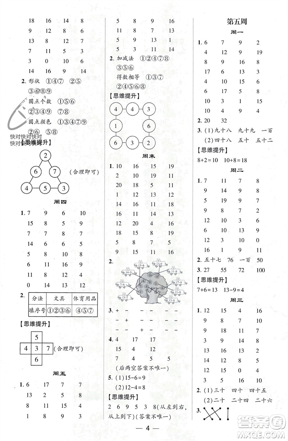 甘肅少年兒童出版社2024年春經(jīng)綸學典學霸計算達人一年級數(shù)學下冊人教版參考答案