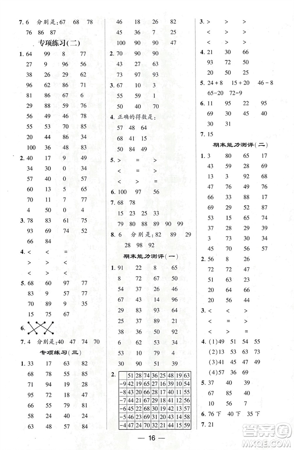 甘肅少年兒童出版社2024年春經(jīng)綸學典學霸計算達人一年級數(shù)學下冊人教版參考答案