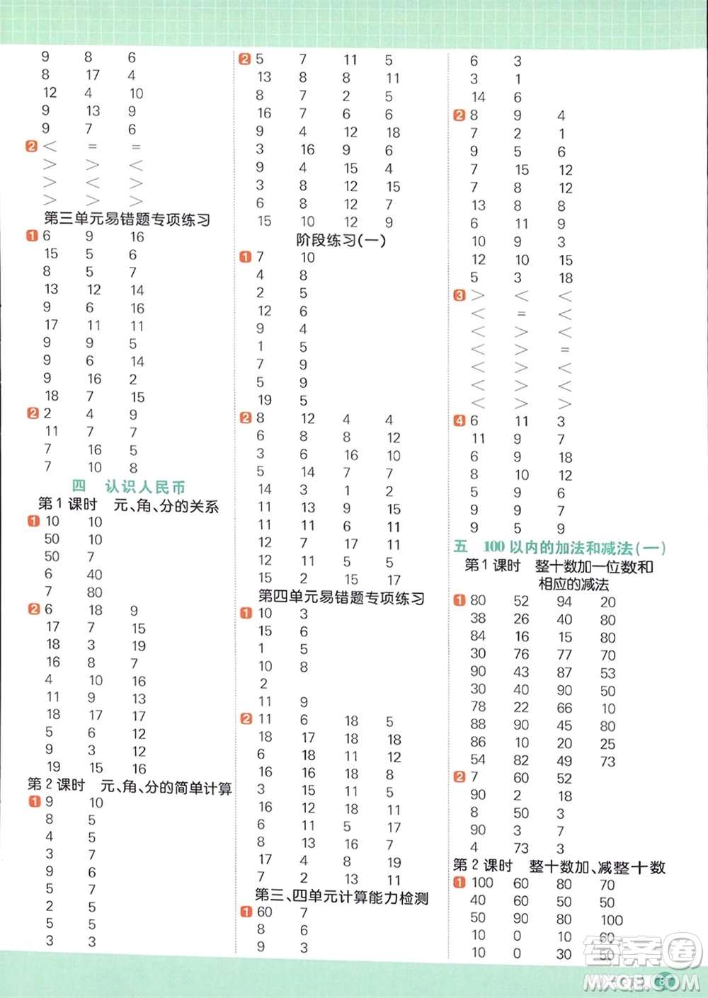 江西教育出版社2024年春陽光同學計算小達人一年級數(shù)學下冊冀教版參考答案