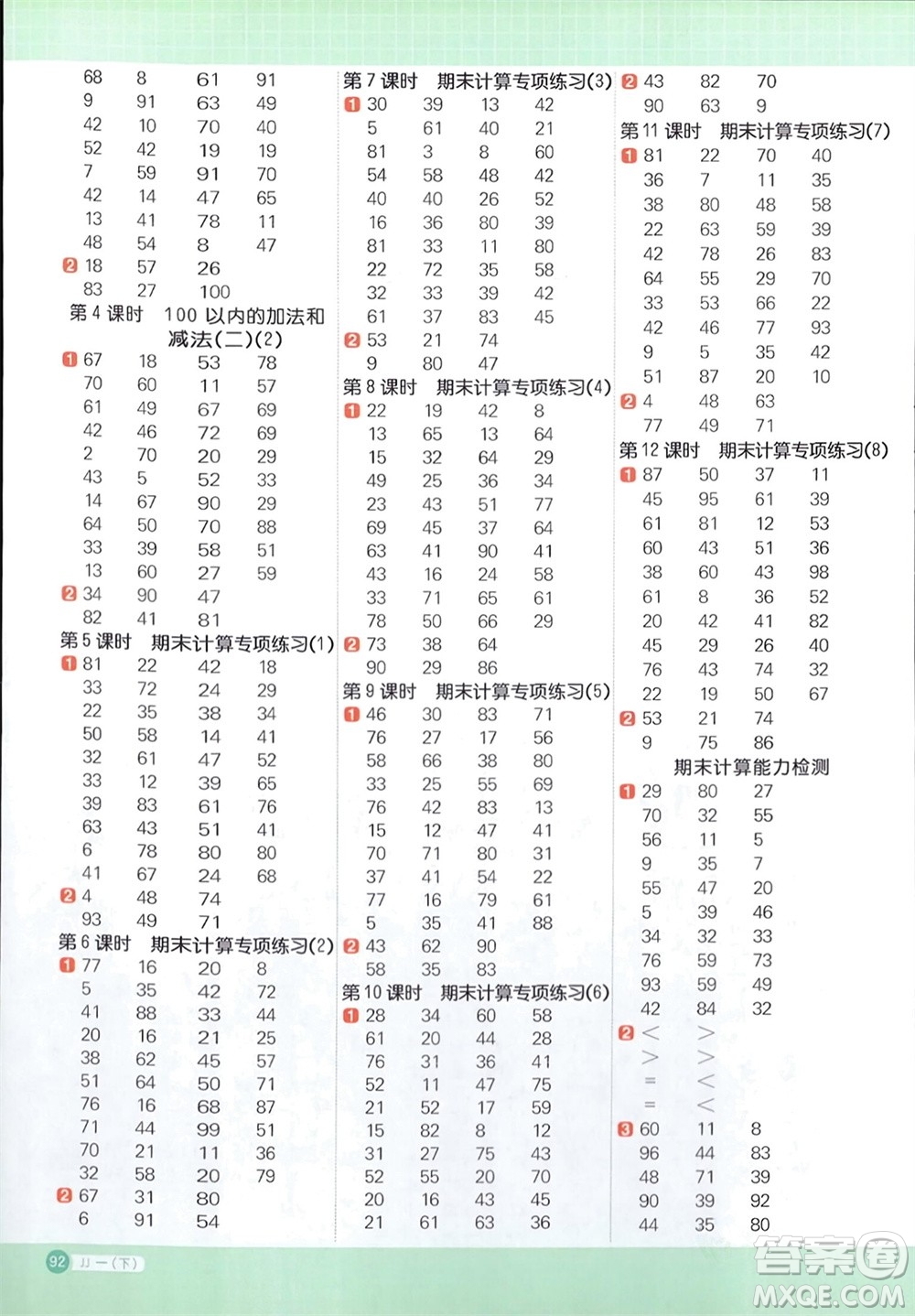 江西教育出版社2024年春陽光同學計算小達人一年級數(shù)學下冊冀教版參考答案