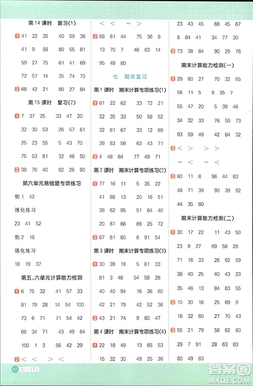 江西教育出版社2024年春陽光同學(xué)計(jì)算小達(dá)人一年級(jí)數(shù)學(xué)下冊(cè)蘇教版參考答案