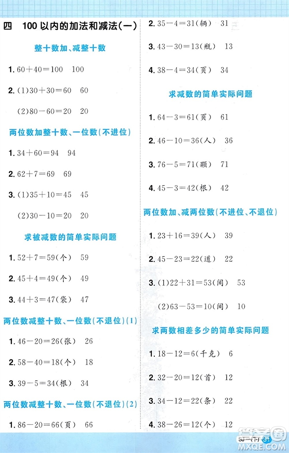 江西教育出版社2024年春陽光同學(xué)計(jì)算小達(dá)人一年級(jí)數(shù)學(xué)下冊(cè)蘇教版參考答案