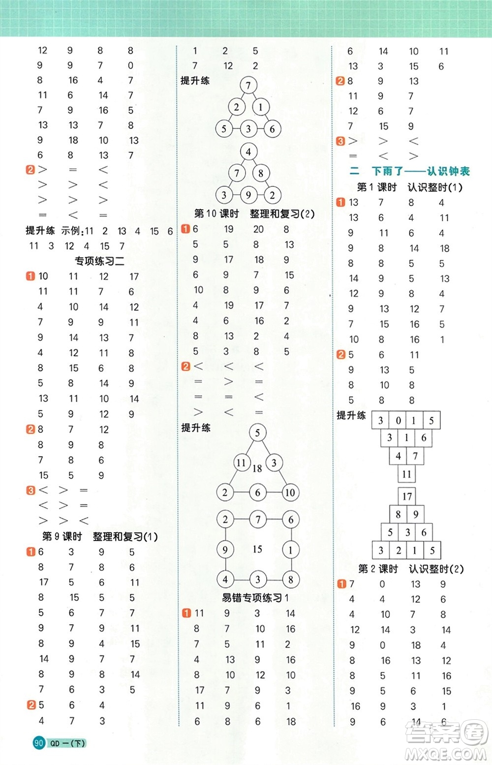 江西教育出版社2024年春陽光同學(xué)計算小達(dá)人一年級數(shù)學(xué)下冊青島版參考答案