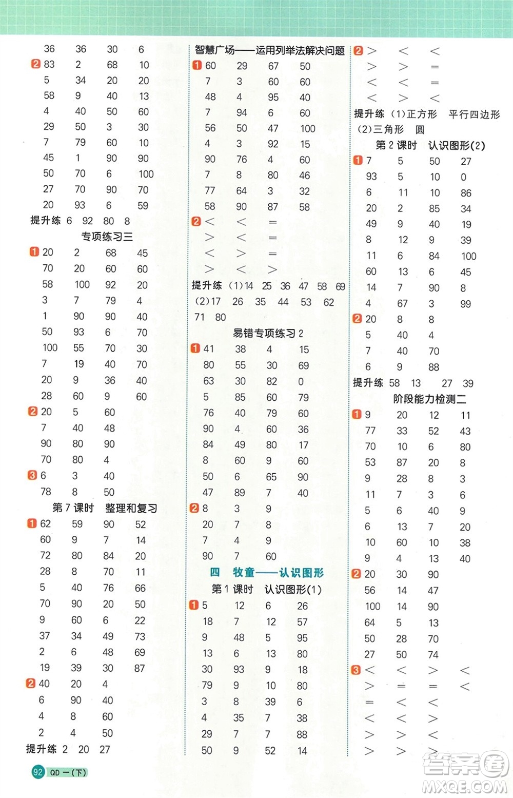 江西教育出版社2024年春陽光同學(xué)計算小達(dá)人一年級數(shù)學(xué)下冊青島版參考答案