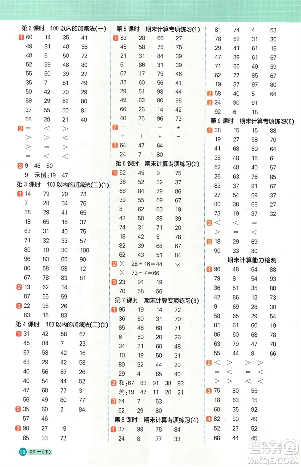 江西教育出版社2024年春陽光同學(xué)計算小達(dá)人一年級數(shù)學(xué)下冊青島版參考答案