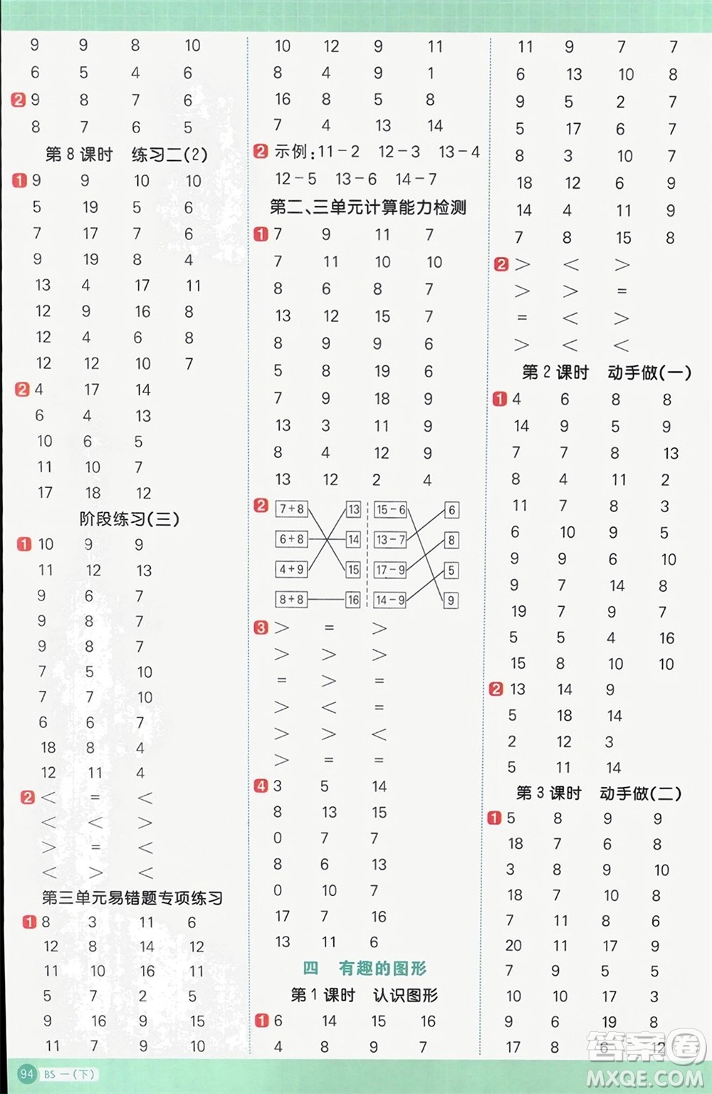 江西教育出版社2024年春陽光同學(xué)計(jì)算小達(dá)人一年級(jí)數(shù)學(xué)下冊(cè)北師大版參考答案