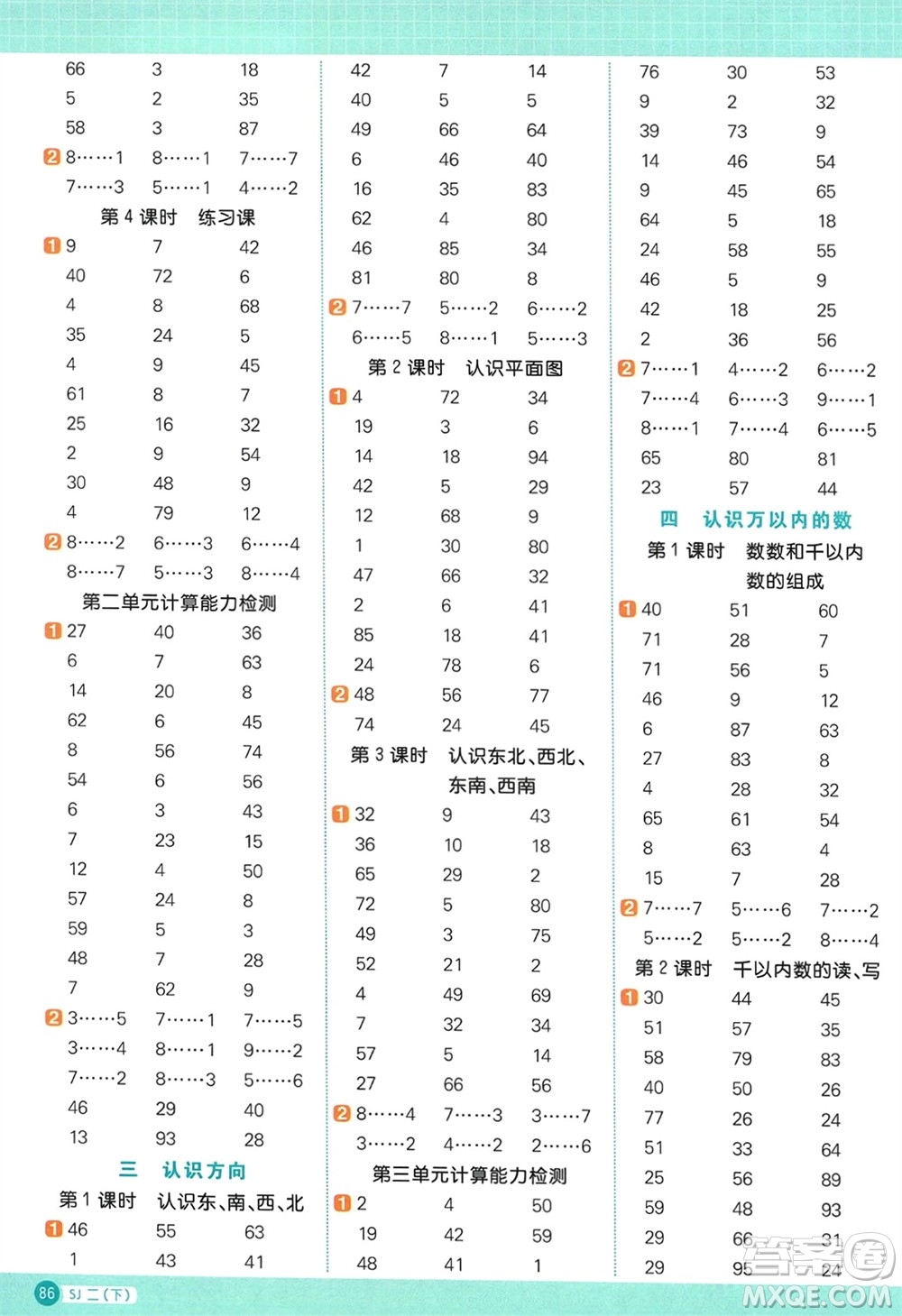 江西教育出版社2024年春陽光同學(xué)計(jì)算小達(dá)人二年級(jí)數(shù)學(xué)下冊(cè)蘇教版參考答案