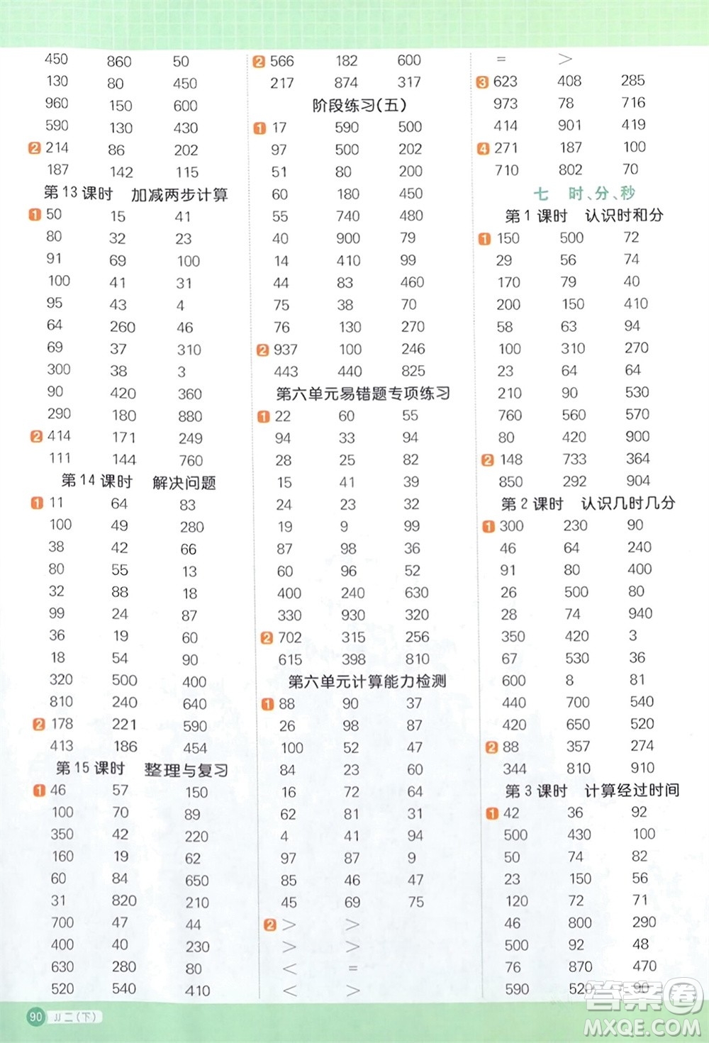 江西教育出版社2024年春陽(yáng)光同學(xué)計(jì)算小達(dá)人二年級(jí)數(shù)學(xué)下冊(cè)冀教版參考答案