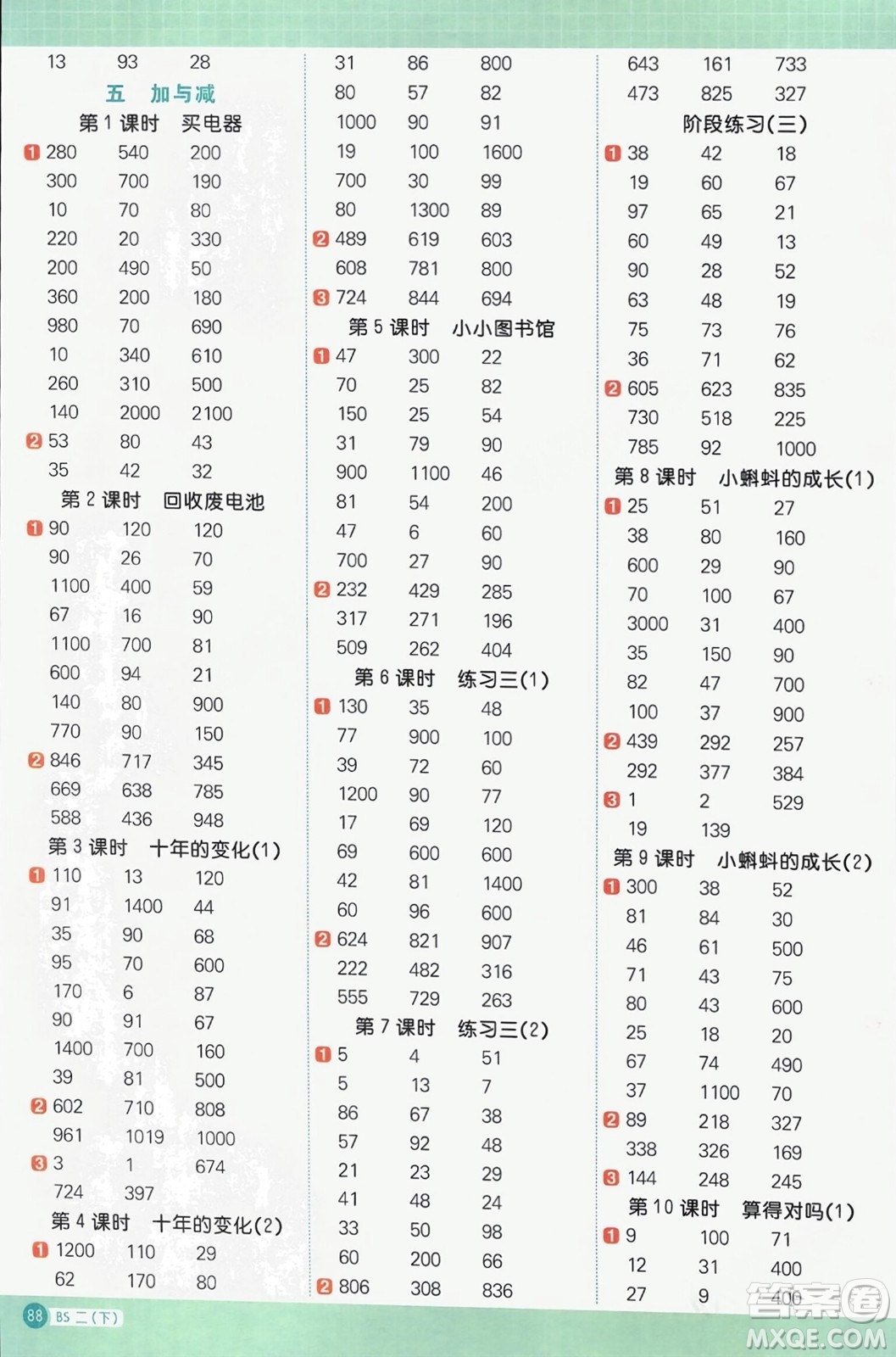 江西教育出版社2024年春陽光同學計算小達人二年級數(shù)學下冊北師大版參考答案