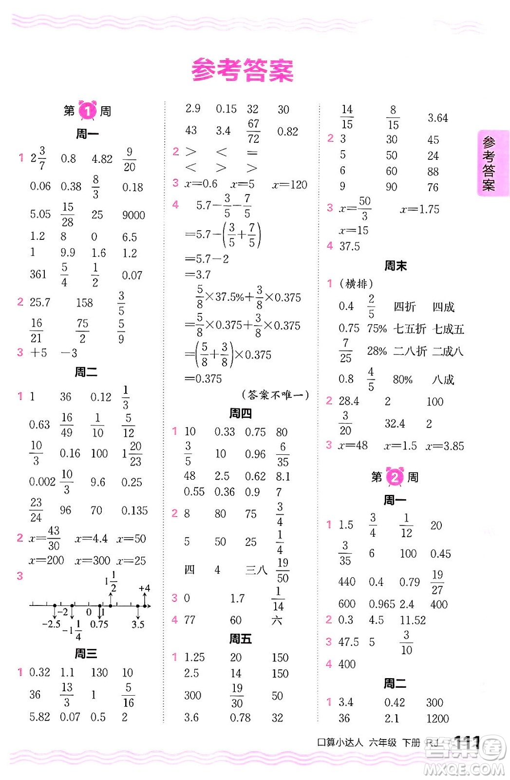 江西人民出版社2024年春王朝霞口算小達(dá)人六年級數(shù)學(xué)下冊人教版答案