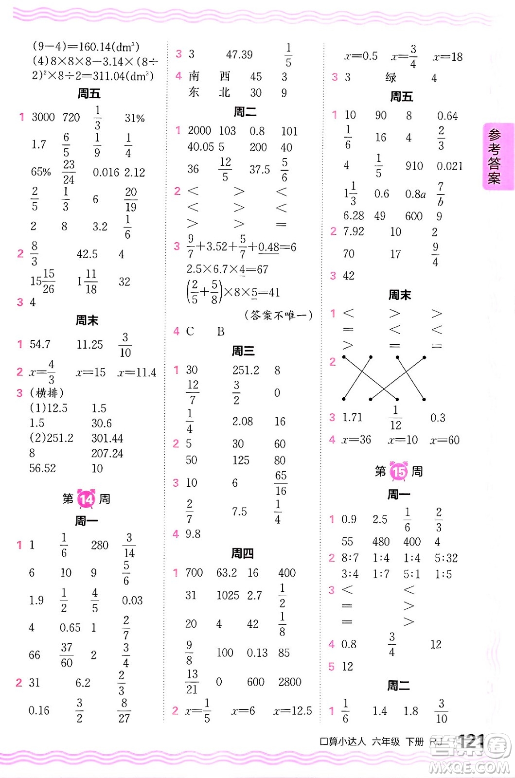 江西人民出版社2024年春王朝霞口算小達(dá)人六年級數(shù)學(xué)下冊人教版答案