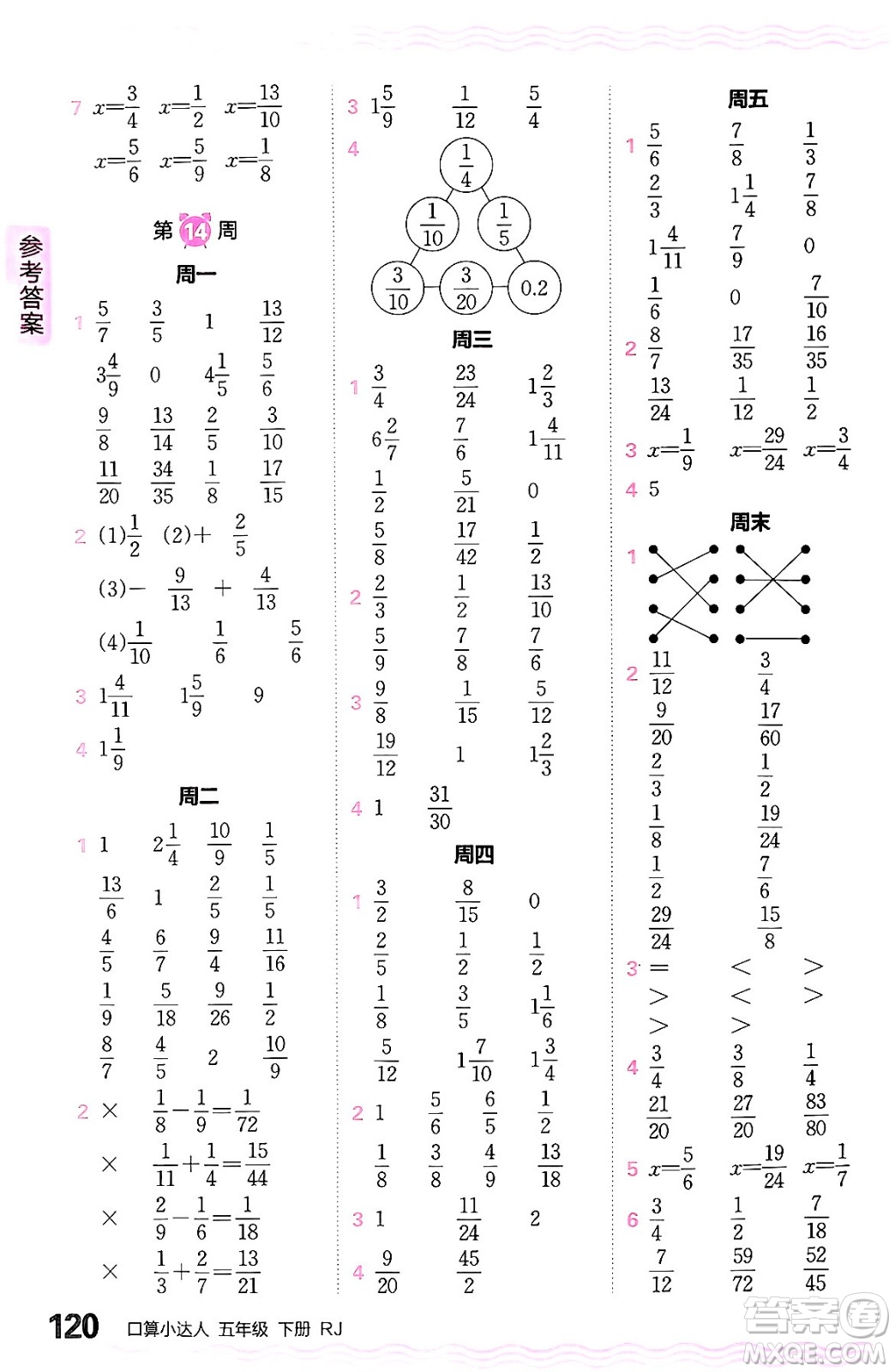 江西人民出版社2024年春王朝霞口算小達(dá)人五年級(jí)數(shù)學(xué)下冊人教版答案