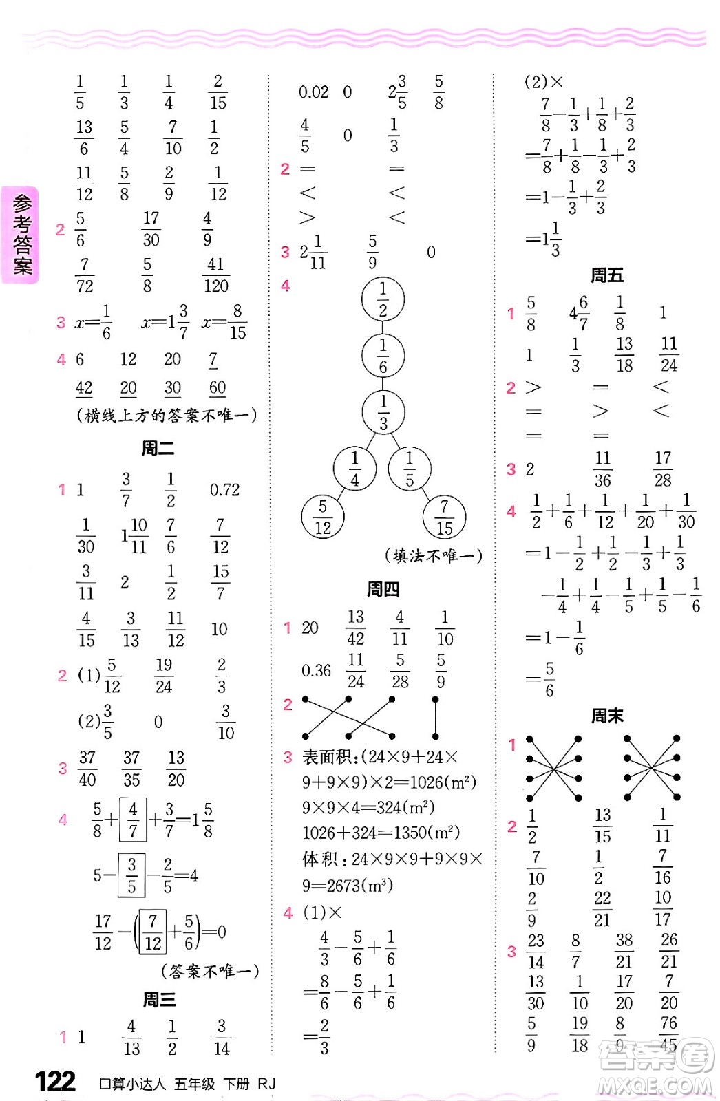 江西人民出版社2024年春王朝霞口算小達(dá)人五年級(jí)數(shù)學(xué)下冊人教版答案