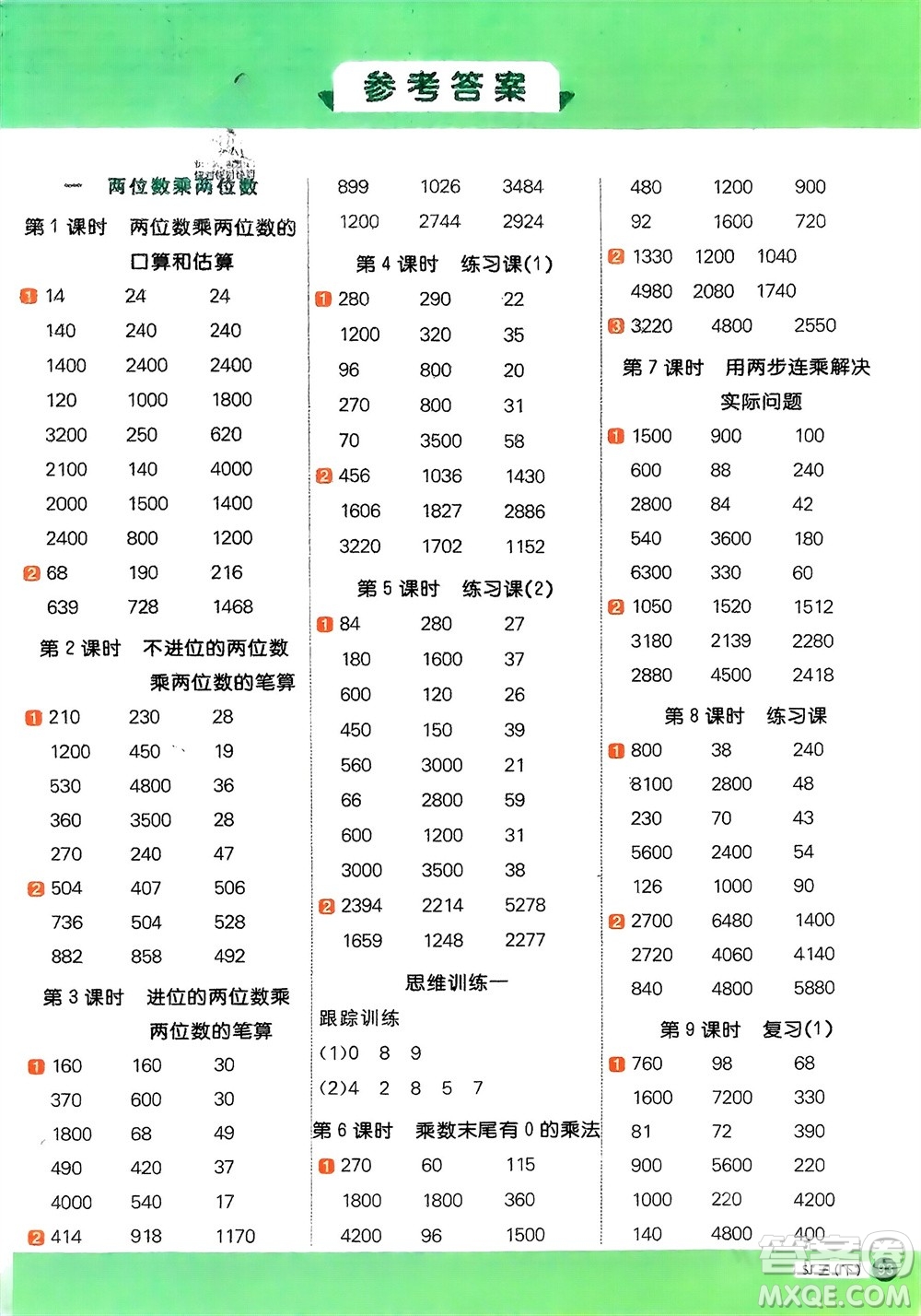 江西教育出版社2024年春陽(yáng)光同學(xué)計(jì)算小達(dá)人三年級(jí)數(shù)學(xué)下冊(cè)蘇教版參考答案