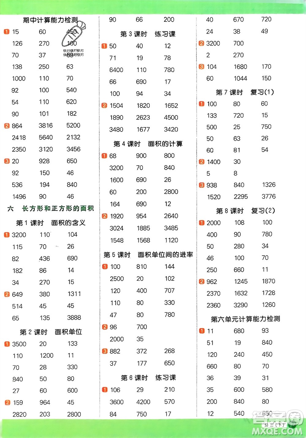 江西教育出版社2024年春陽(yáng)光同學(xué)計(jì)算小達(dá)人三年級(jí)數(shù)學(xué)下冊(cè)蘇教版參考答案