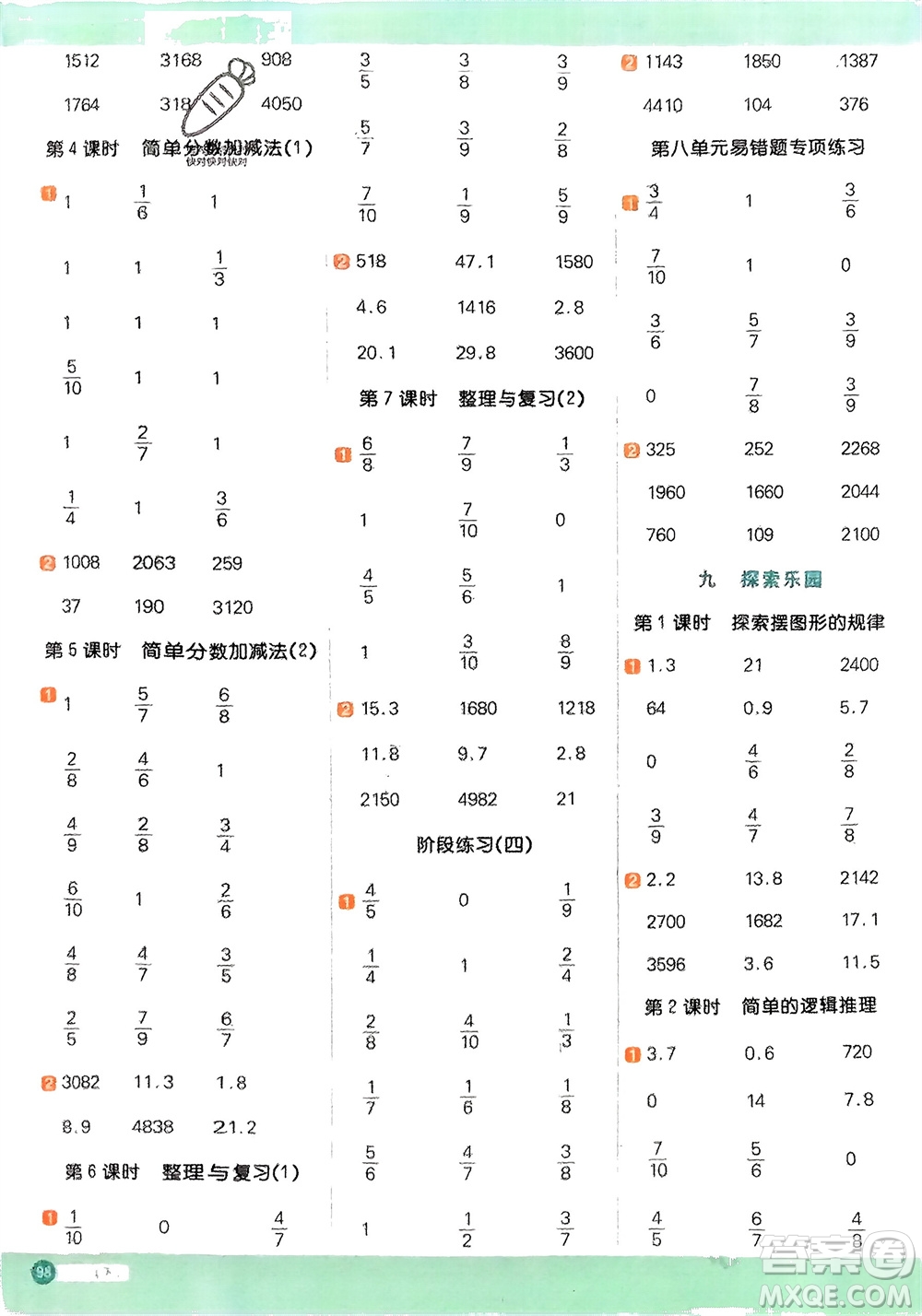 江西教育出版社2024年春陽(yáng)光同學(xué)計(jì)算小達(dá)人三年級(jí)數(shù)學(xué)下冊(cè)冀教版參考答案