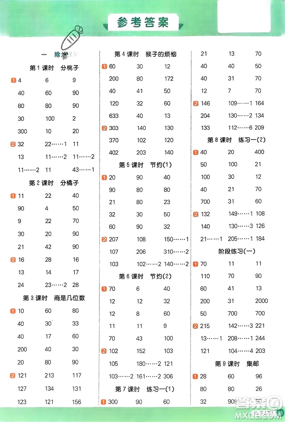 江西教育出版社2024年春陽(yáng)光同學(xué)計(jì)算小達(dá)人三年級(jí)數(shù)學(xué)下冊(cè)北師大版參考答案