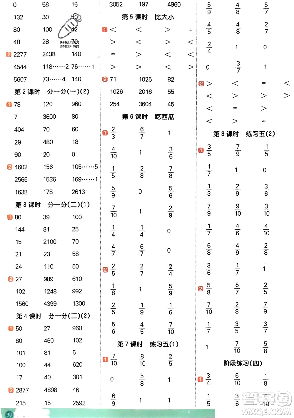 江西教育出版社2024年春陽(yáng)光同學(xué)計(jì)算小達(dá)人三年級(jí)數(shù)學(xué)下冊(cè)北師大版參考答案