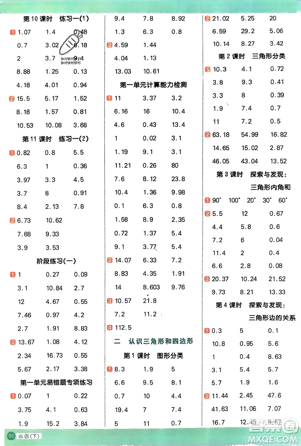 江西教育出版社2024年春陽光同學(xué)計(jì)算小達(dá)人四年級(jí)數(shù)學(xué)下冊(cè)北師大版參考答案