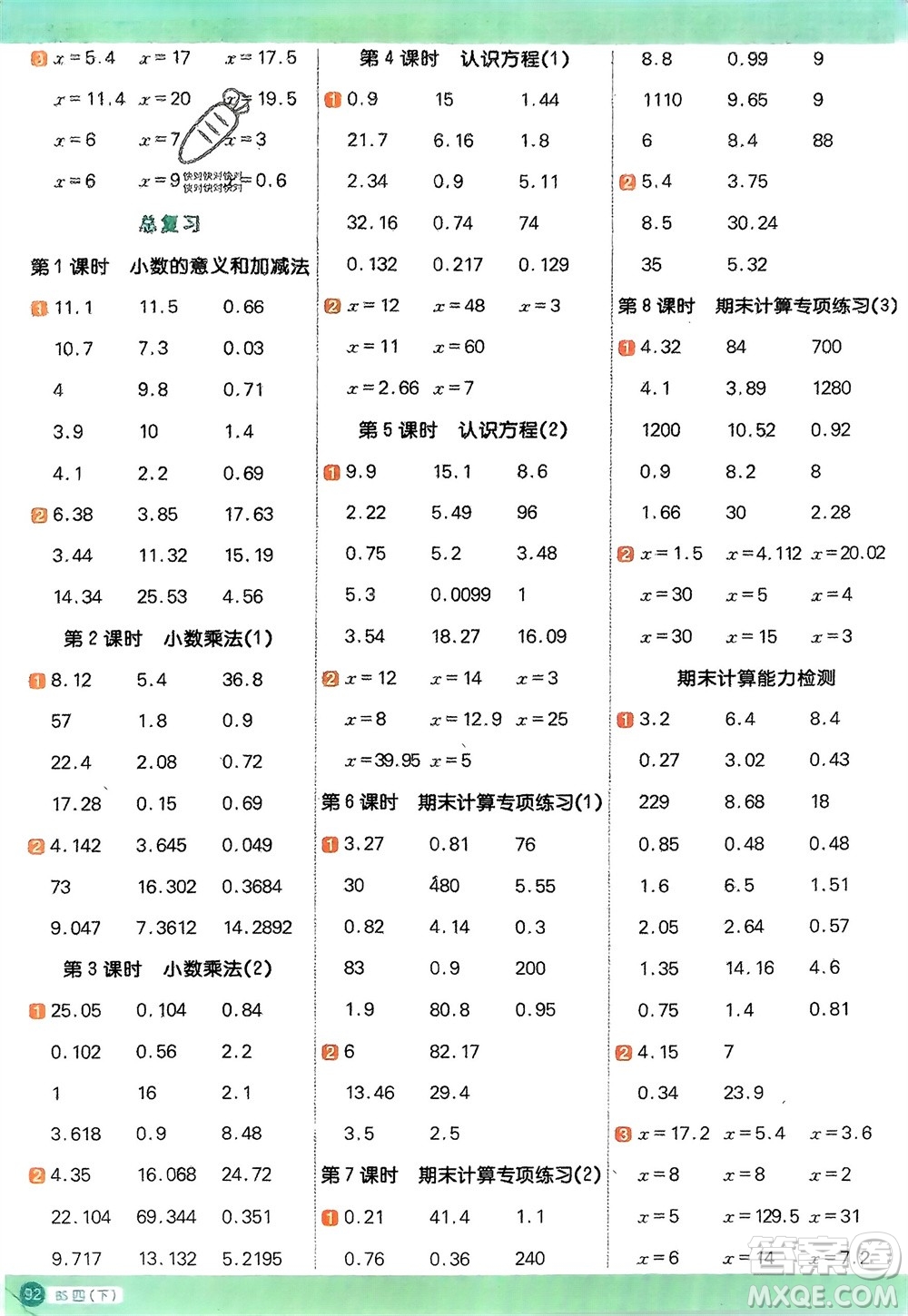 江西教育出版社2024年春陽光同學(xué)計(jì)算小達(dá)人四年級(jí)數(shù)學(xué)下冊(cè)北師大版參考答案