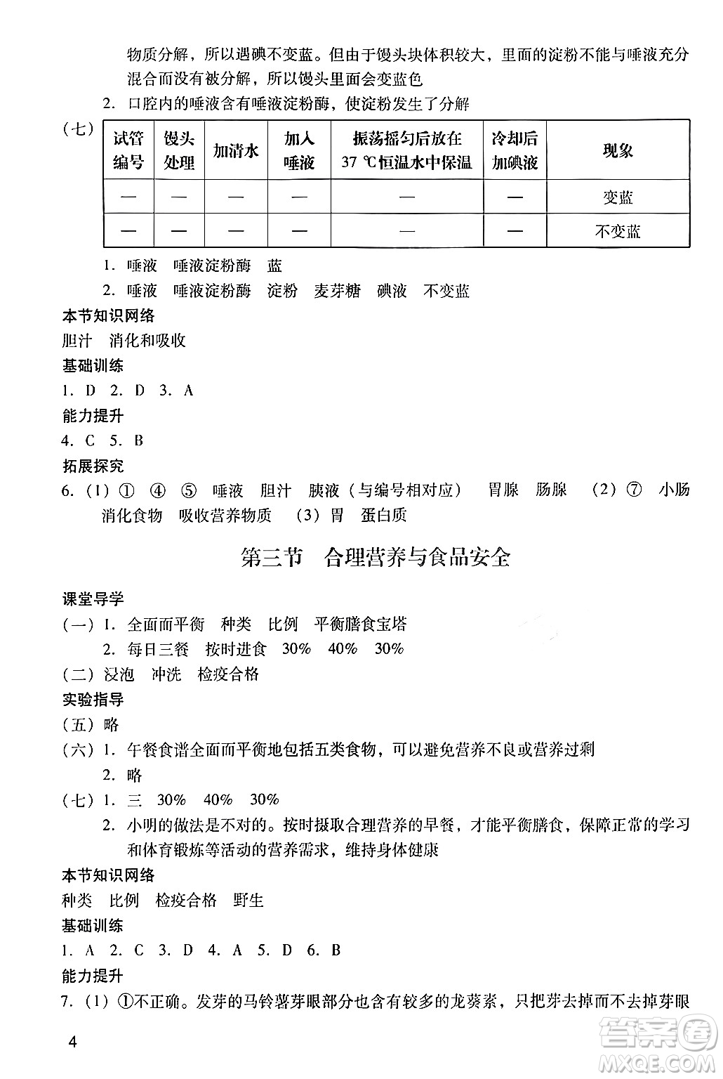 廣州出版社2024年春陽(yáng)光學(xué)業(yè)評(píng)價(jià)七年級(jí)生物下冊(cè)人教版答案