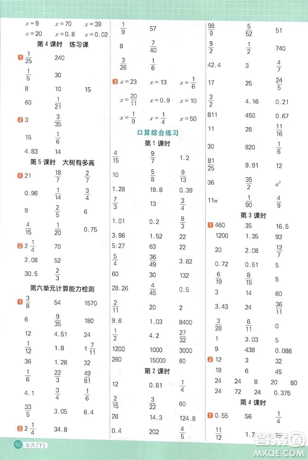 江西教育出版社2024年春陽光同學計算小達人六年級數(shù)學下冊蘇教版參考答案