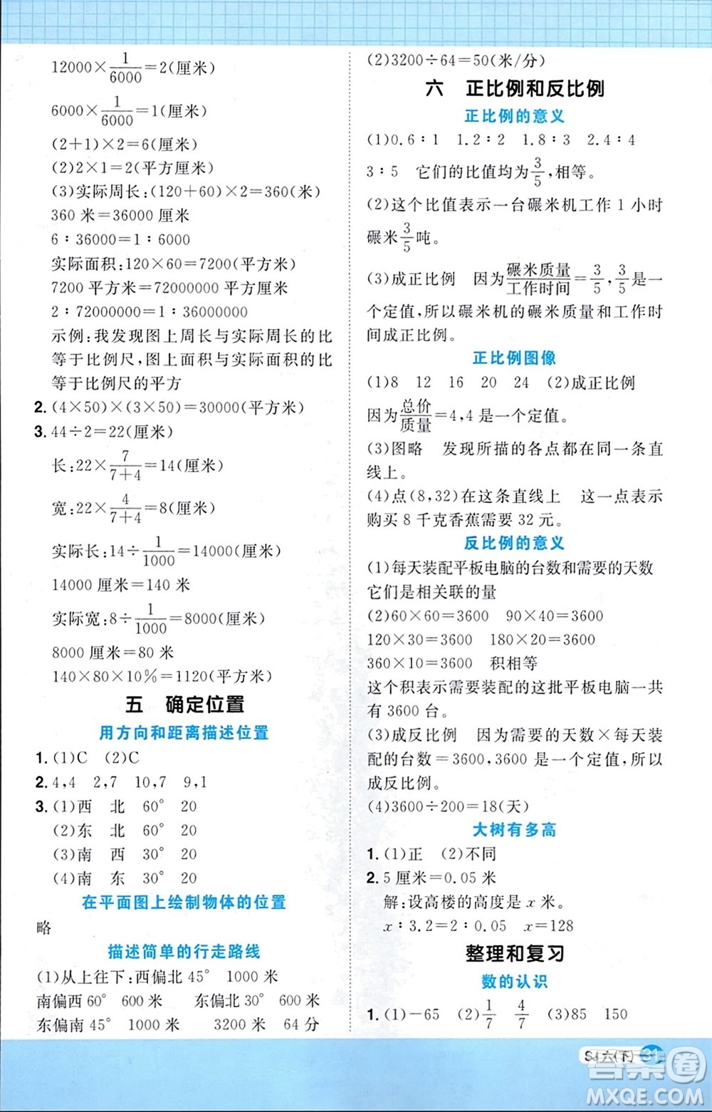 江西教育出版社2024年春陽光同學計算小達人六年級數(shù)學下冊蘇教版參考答案